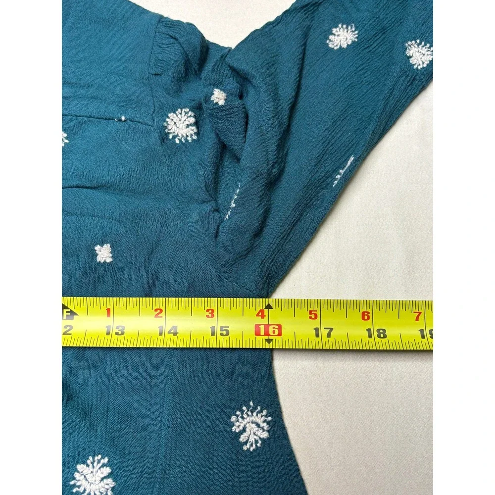 Free People Teal Green Embroidered Boho Mini Dress Open Back‎ Sleeve Womens XS